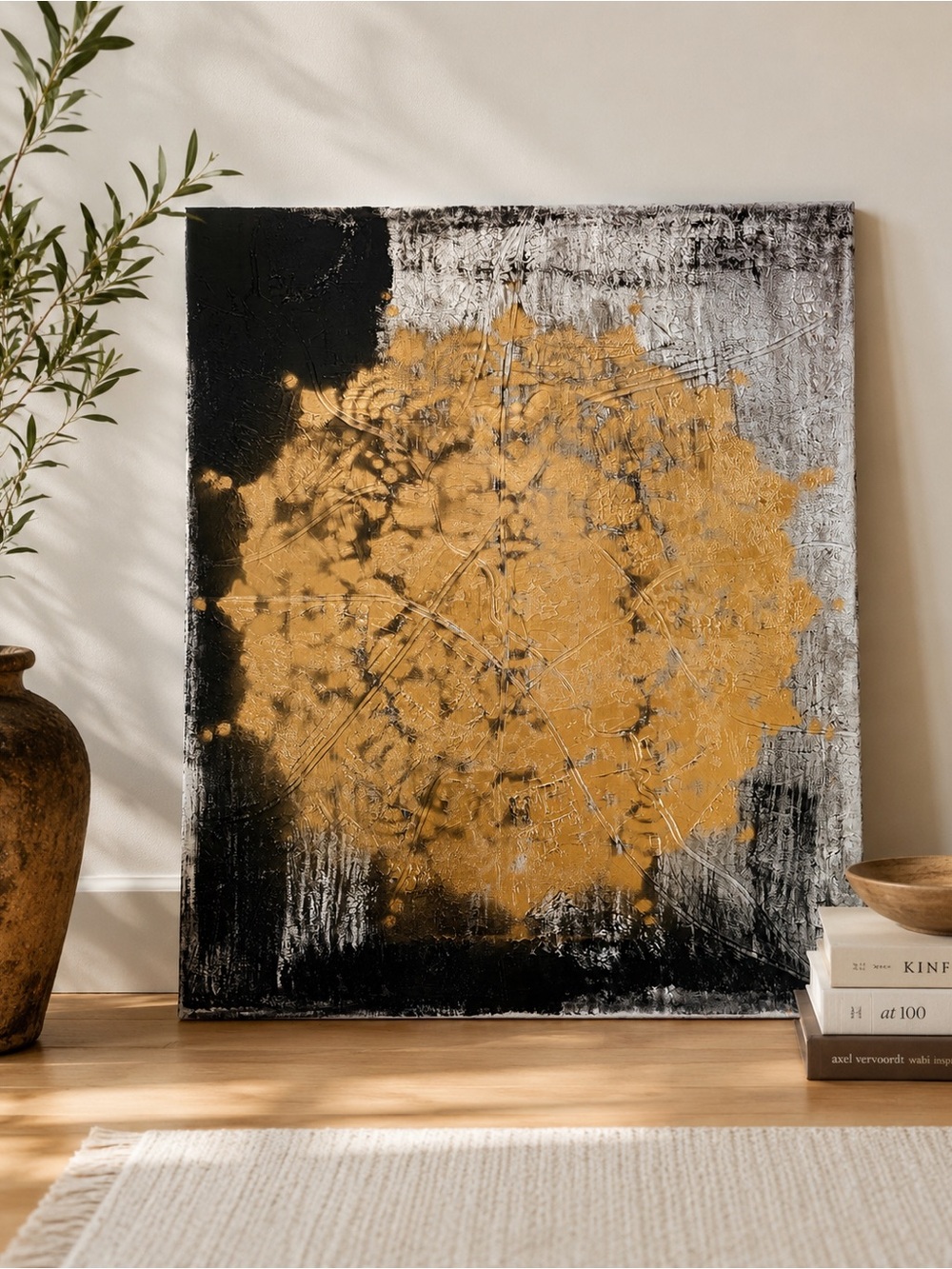 Vintage Abstract Mixed Media Contemporary Black, Gold & Silver Wall Art - Signed